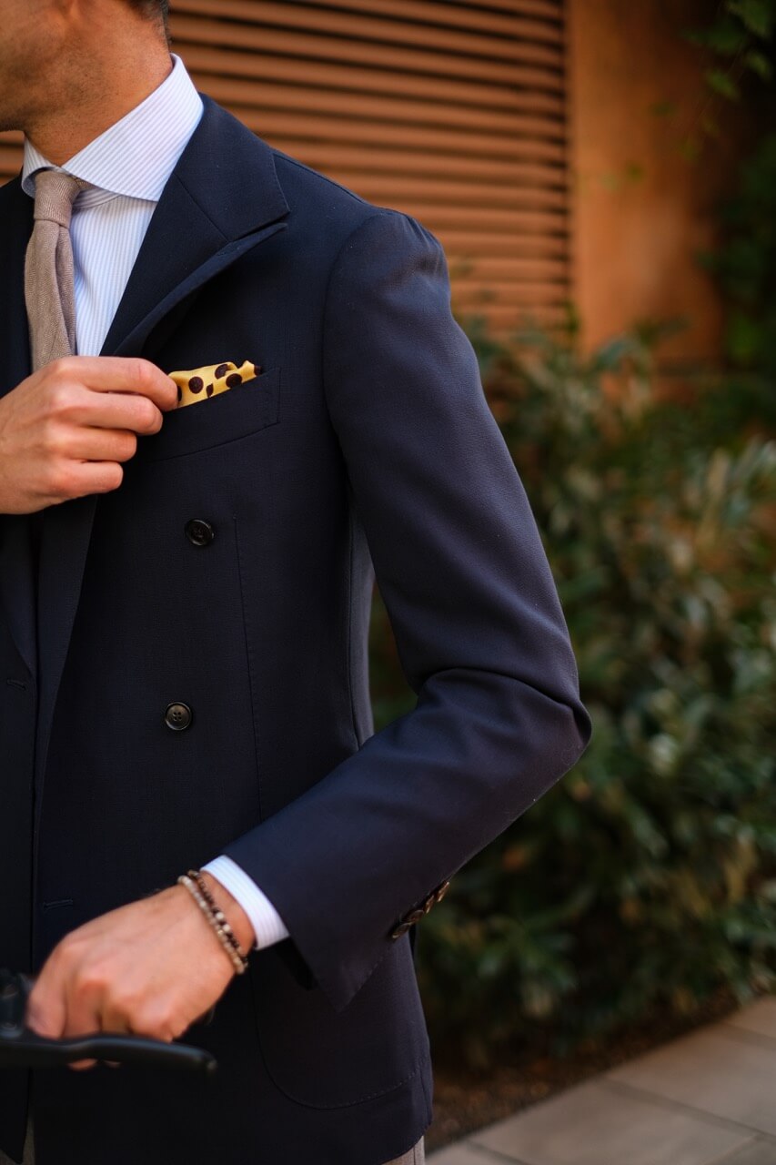 pocket square style with a blue jacket