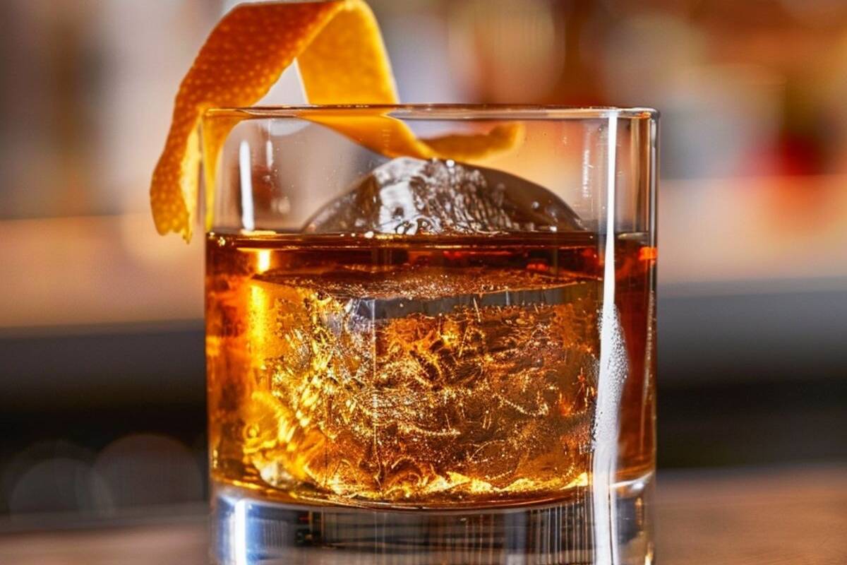 Classic Old Fashioned cocktail in a glass with an orange peel garnish, showcasing the rich amber color of the whiskey and bitters mixture