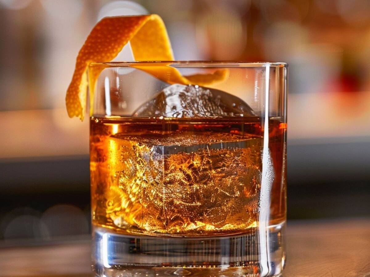 Classic Old Fashioned cocktail in a glass with an orange peel garnish, showcasing the rich amber color of the whiskey and bitters mixture