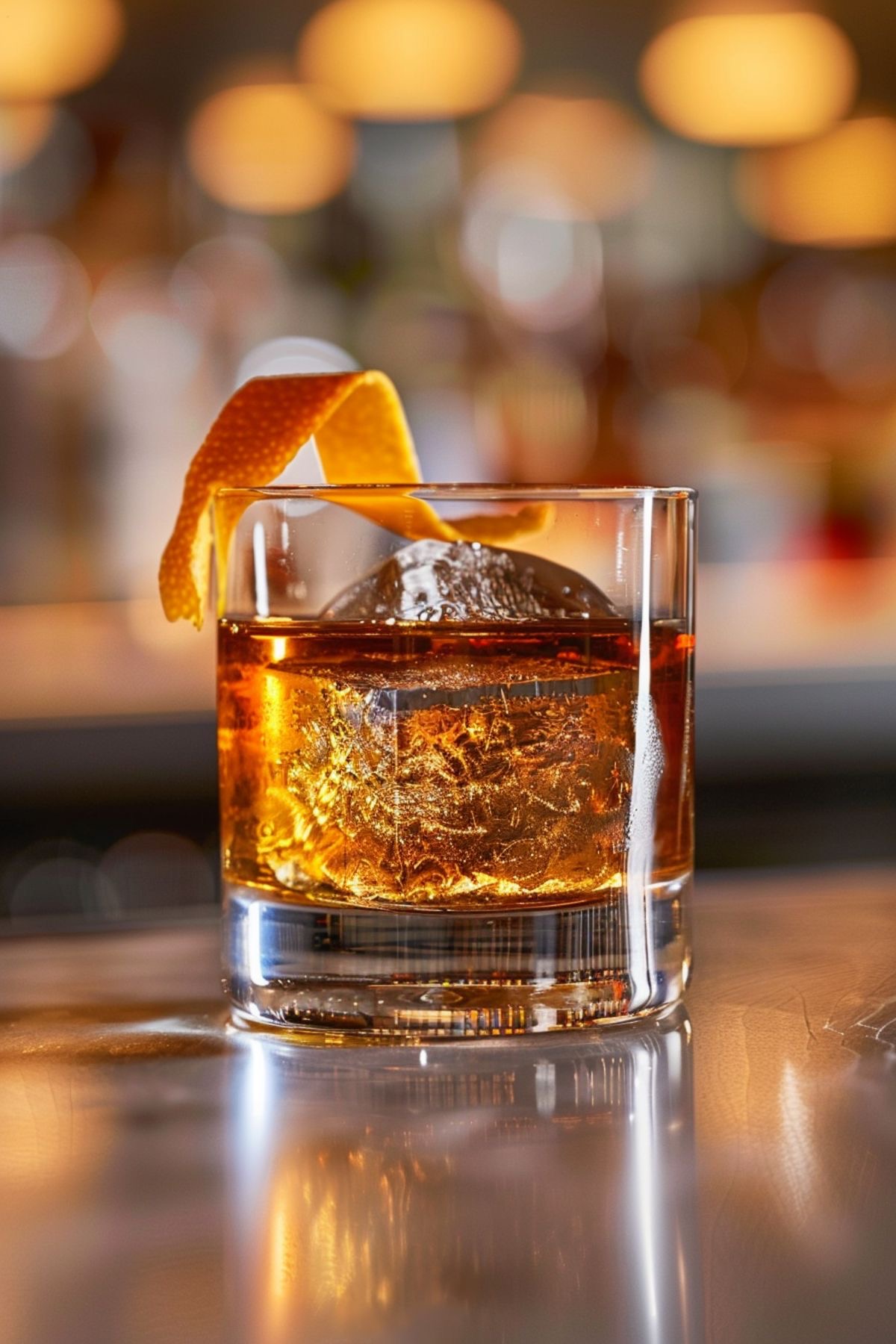 Classic Old Fashioned cocktail in a glass with an orange peel garnish, showcasing the rich amber color of the whiskey and bitters mixture